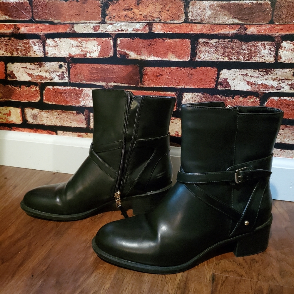 Chaps black leather bootie. Never worn!